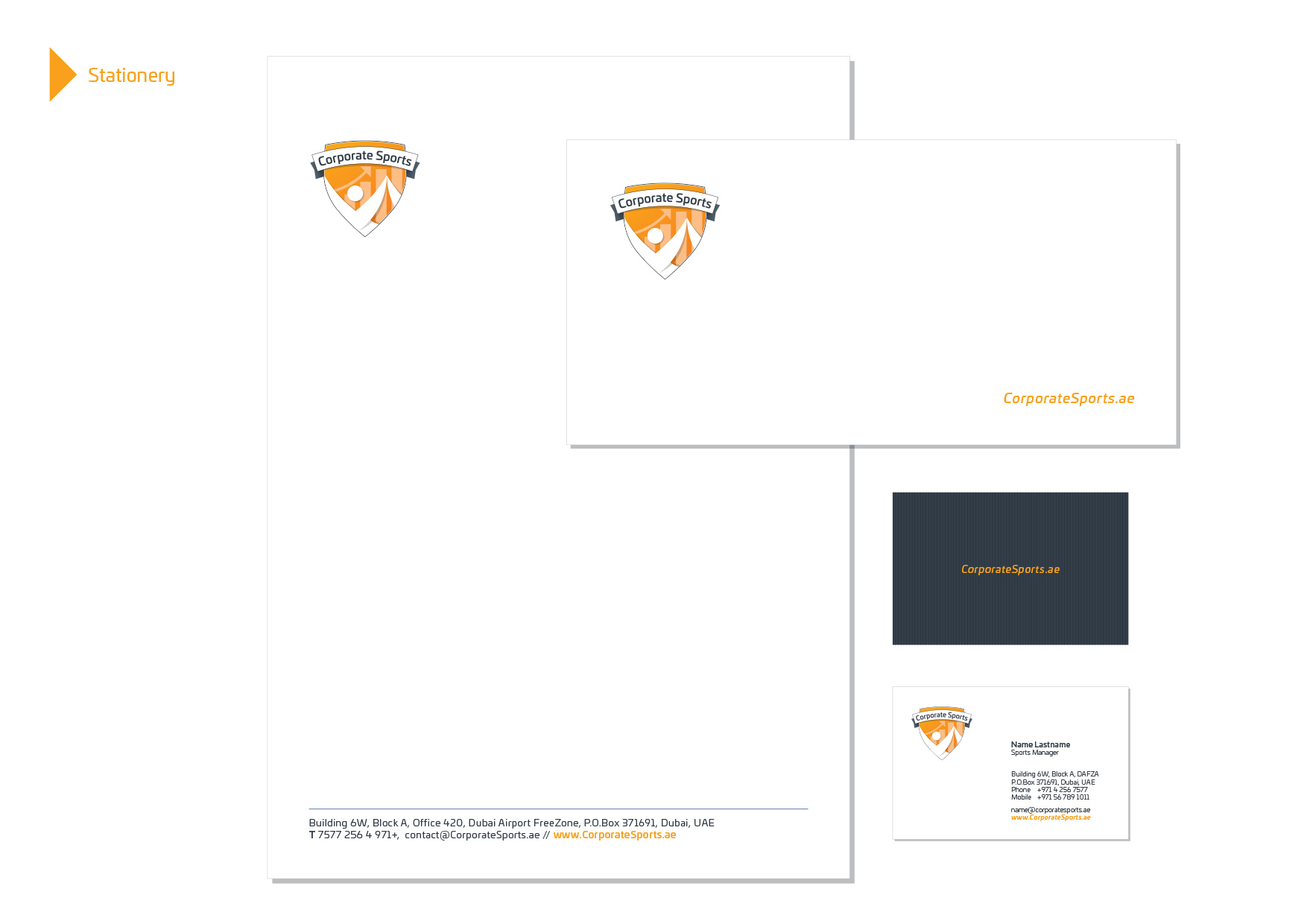 Corporate Sports stationery system with letterhead, envelope and business cards