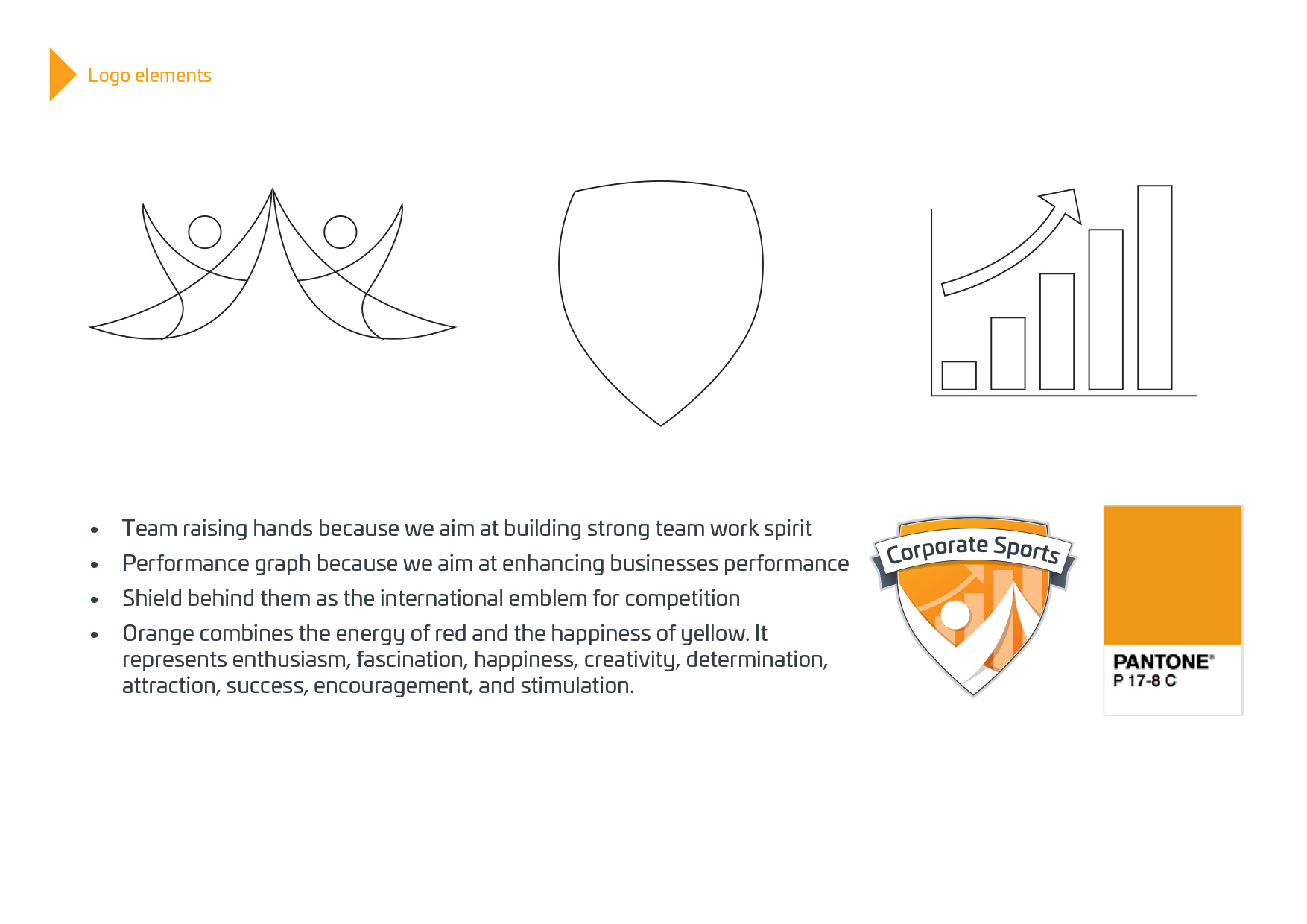 Corporate Sports logo elements showing people, shield, growth and orange energy