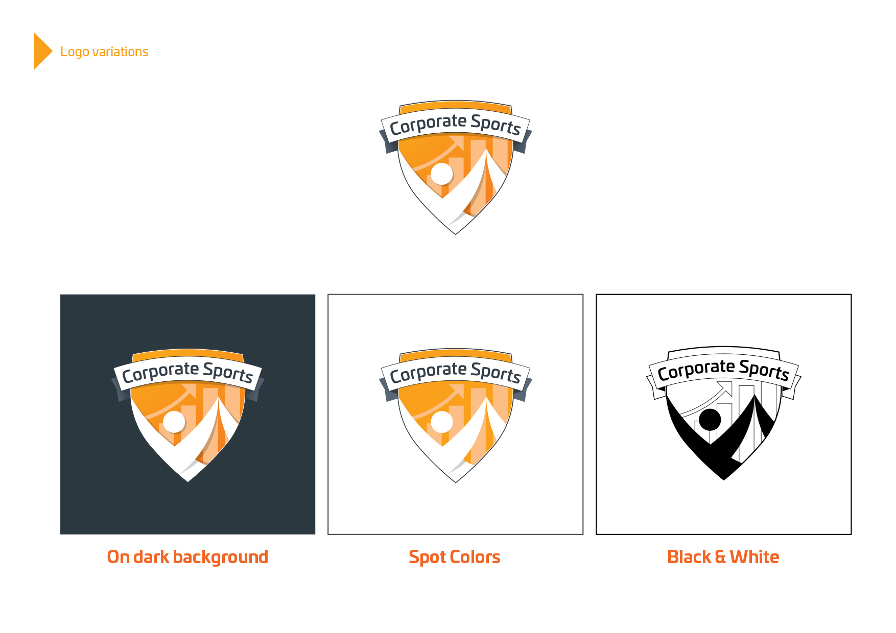 Corporate Sports logo variations for dark, spot-colour and monochrome use