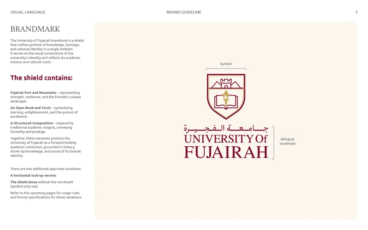 Shield logo concept for Fujairah University combining educational and cultural symbols