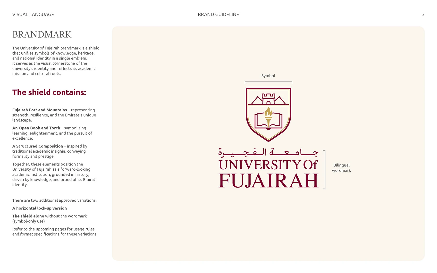 Shield logo concept for Fujairah University combining educational and cultural symbols