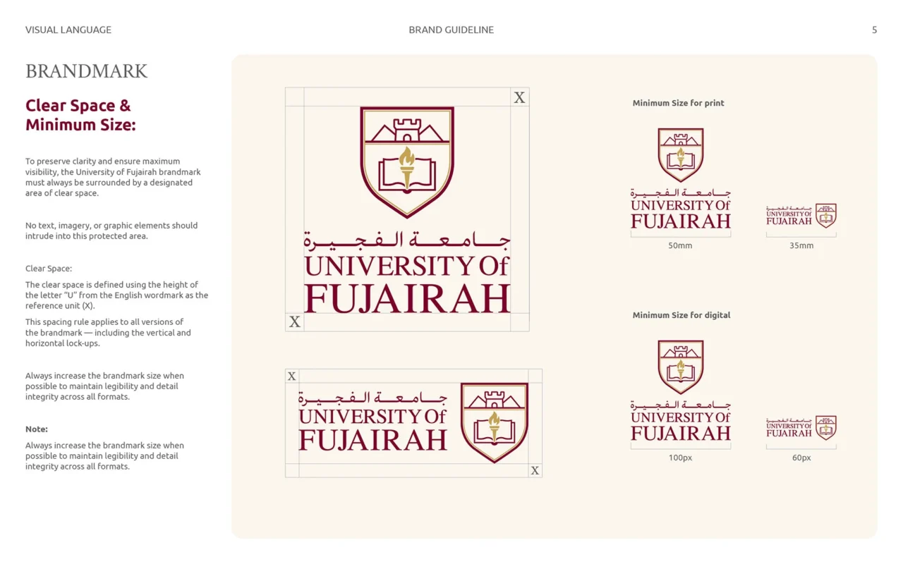Shield logo concept for Fujairah University combining educational and cultural symbols