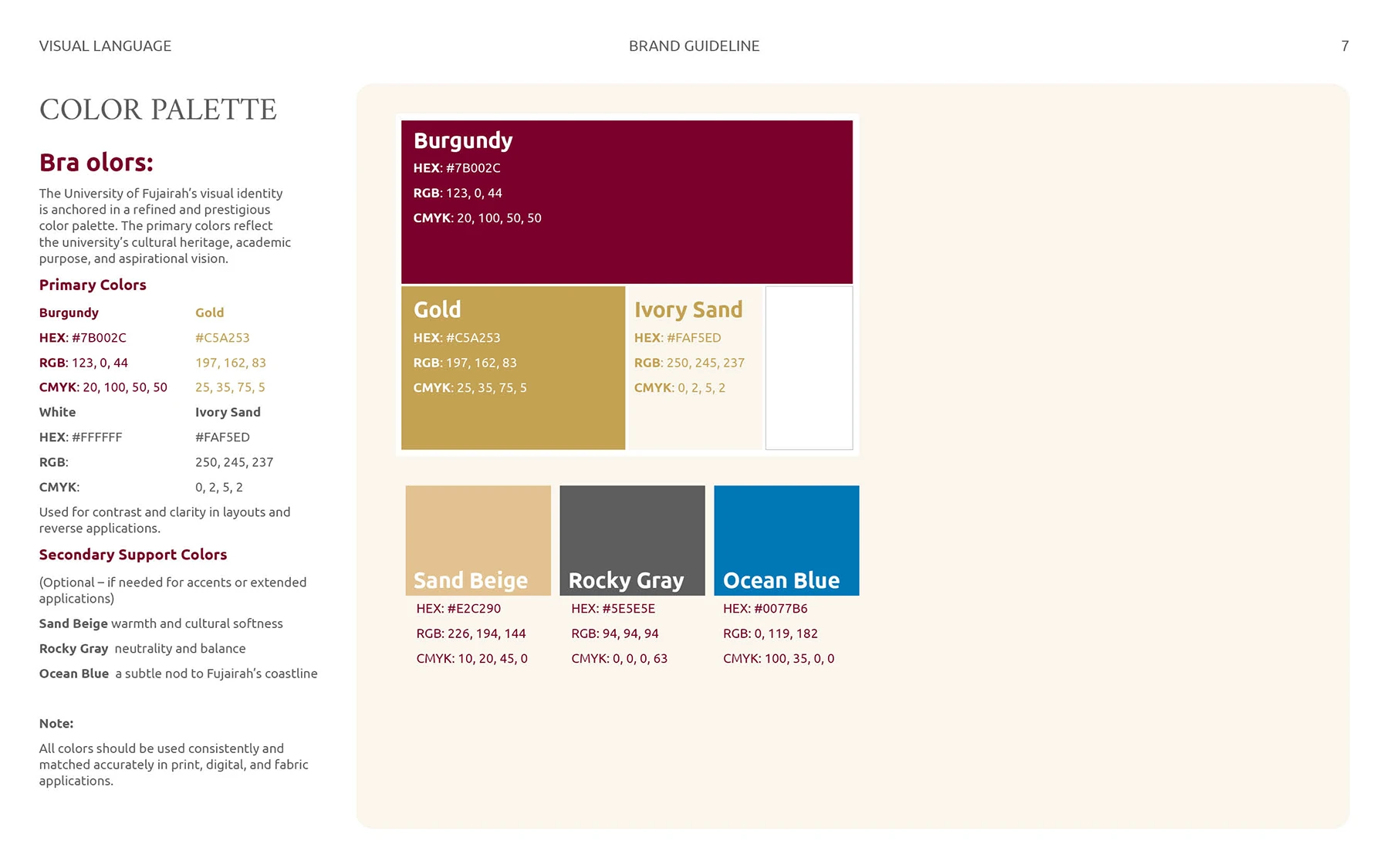 Color palette design for Fujairah University with brand and support colors