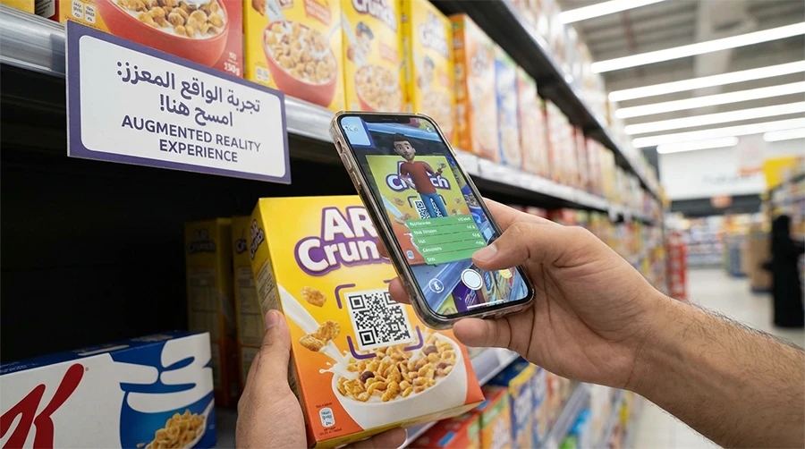 alt: تجربة واقع معزز داخل متجر يوضح مفهوم العلامة متعددة الحواس في التسويق الحديث