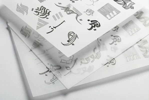 سكتشات يدوية لشعار عربي من تصميم نهاد تيسير