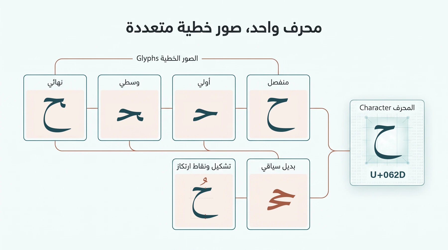 رسم يوضح الفرق بين المحرف العربي المشفر وصوره الخطية السياقية والبدائل وعلامات التشكيل