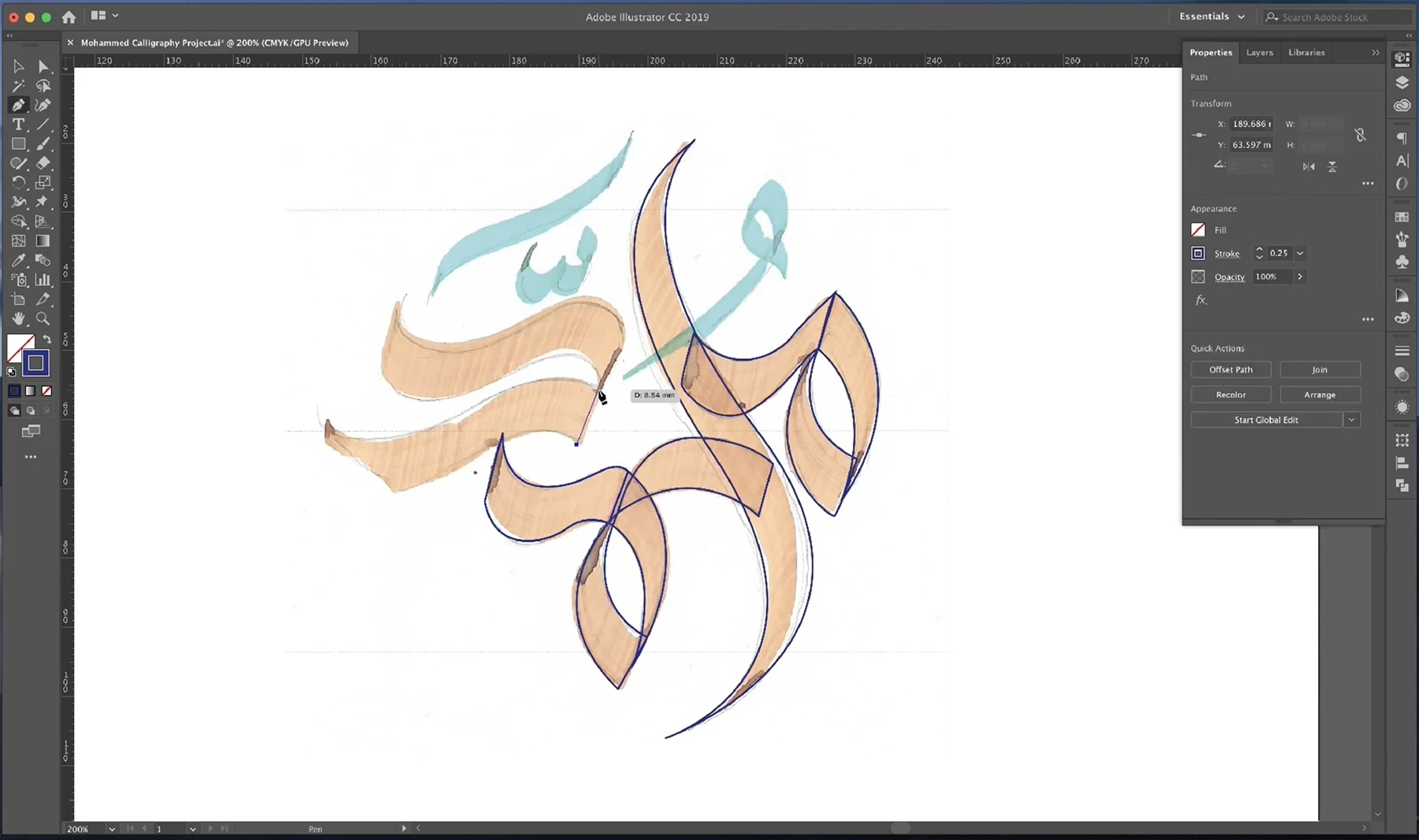 مراحل رسم كلمة محمد على الورق وإعادة بنائها رقميًا داخل Adobe Illustrator