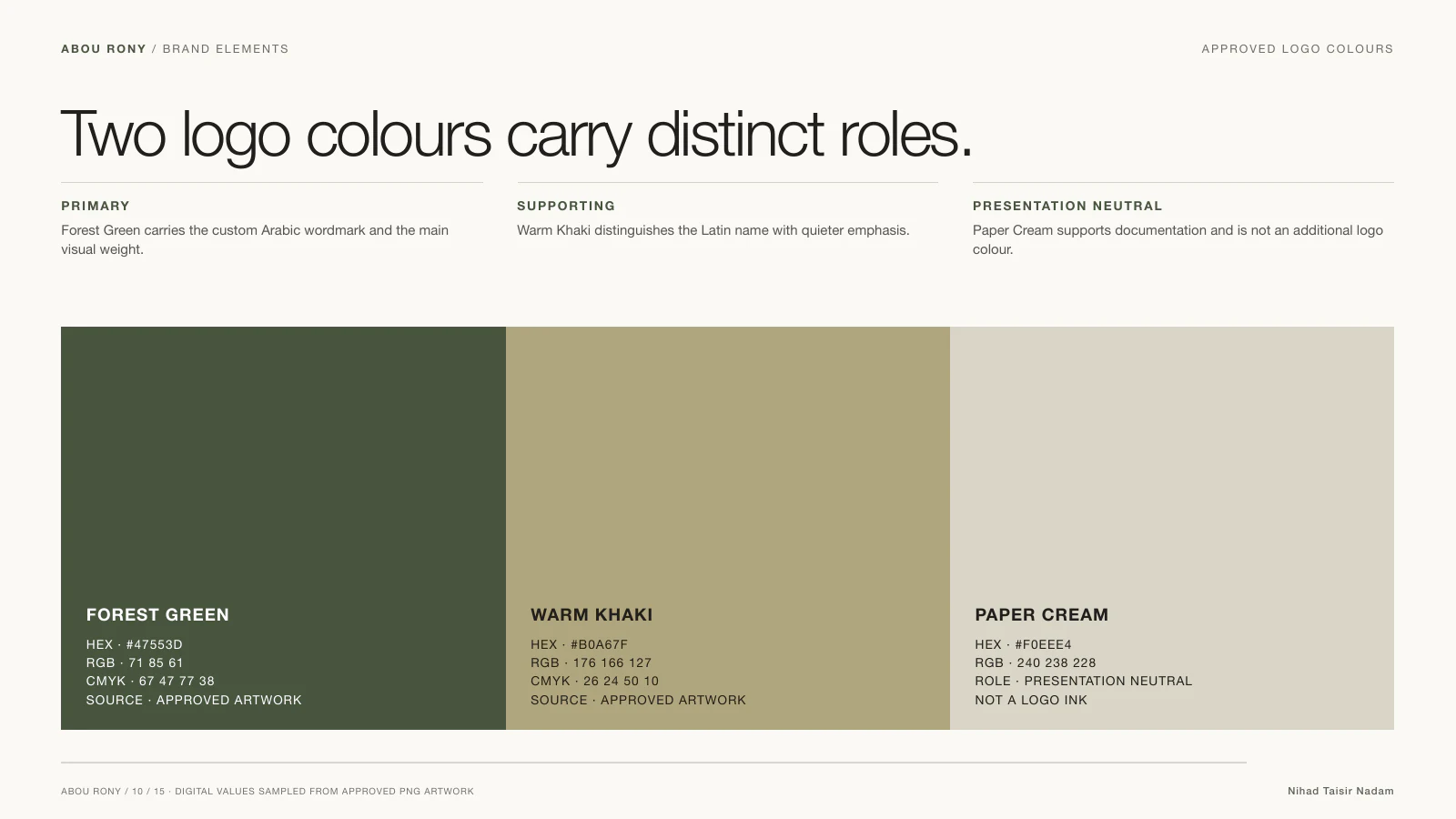 Approved Forest Green and Warm Khaki colours for the Abou Rony logo.