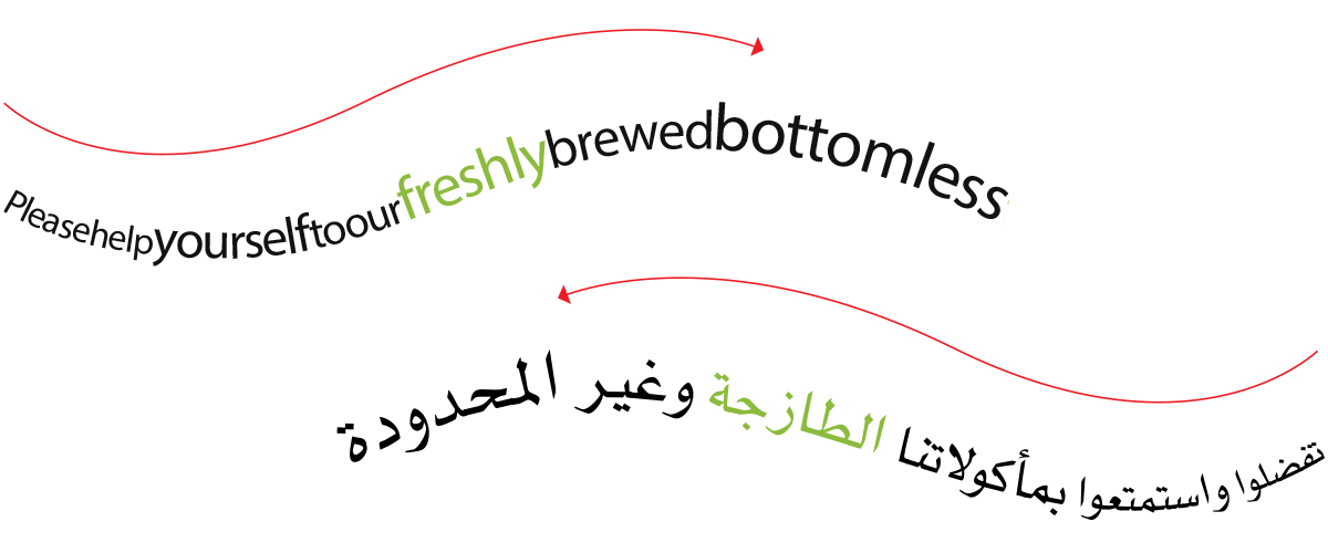 English and Arabic curved text layouts showing opposite reading flows within one design concept.