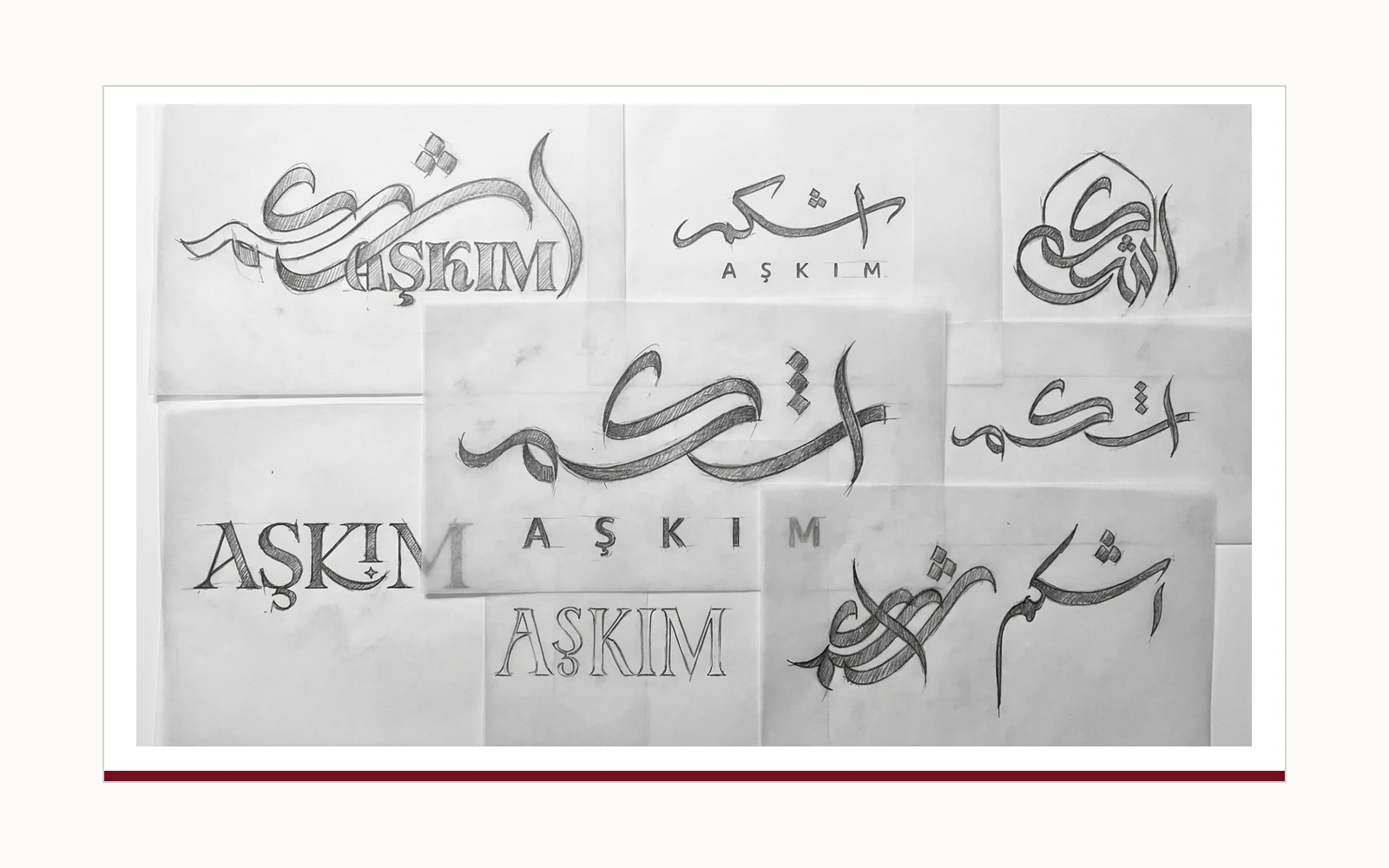 Recomposed presentation board based on original 2023 AŞKIM logo sketches exploring Arabic lettering and the Latin name.