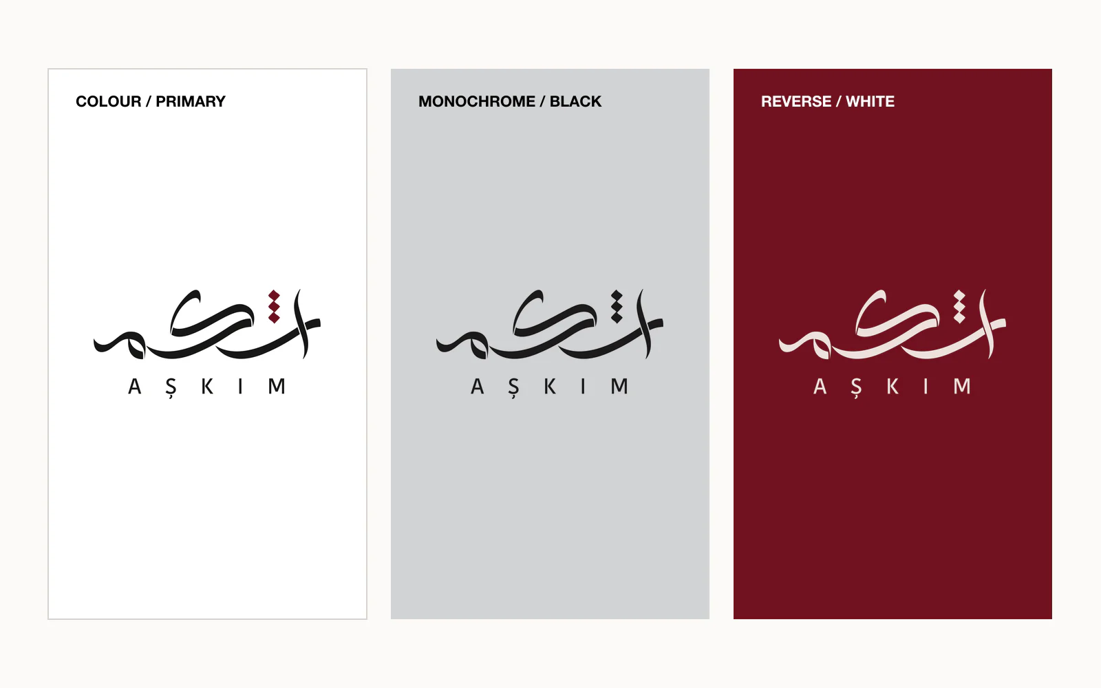 The approved AŞKIM logo in primary colour, black monochrome, and reversed white versions.