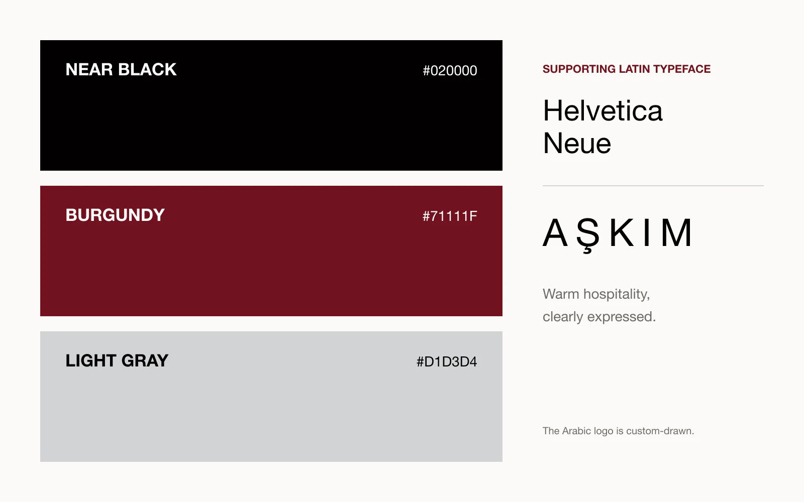 AŞKIM colour palette of near black, burgundy, and light gray with Helvetica Neue as supporting Latin type.