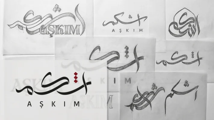 Askim restaurant logo development sketches combining Arabic lettering with a Turkish name.