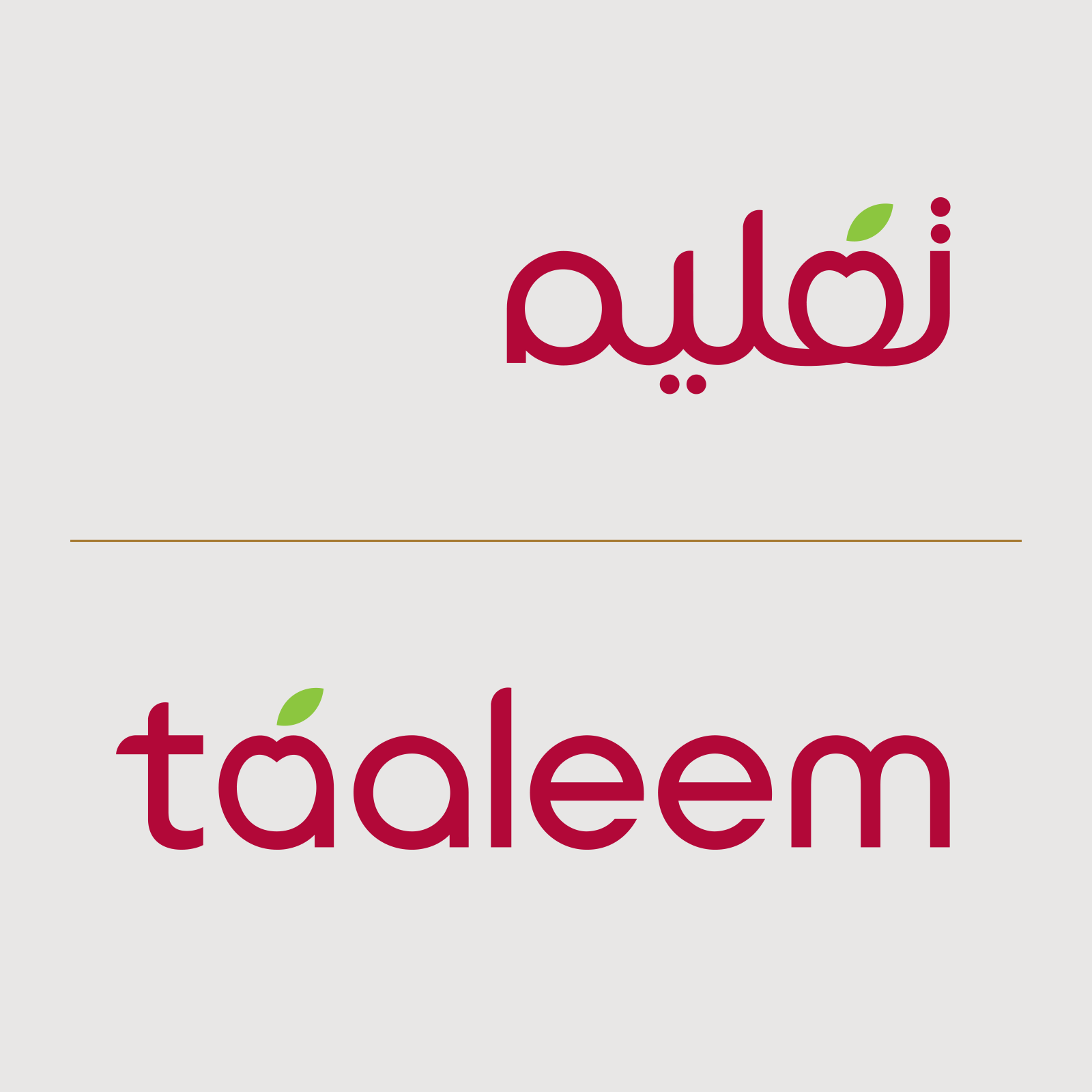 Taaleem Arabic and English wordmarks demonstrating optical weight balance despite different widths.