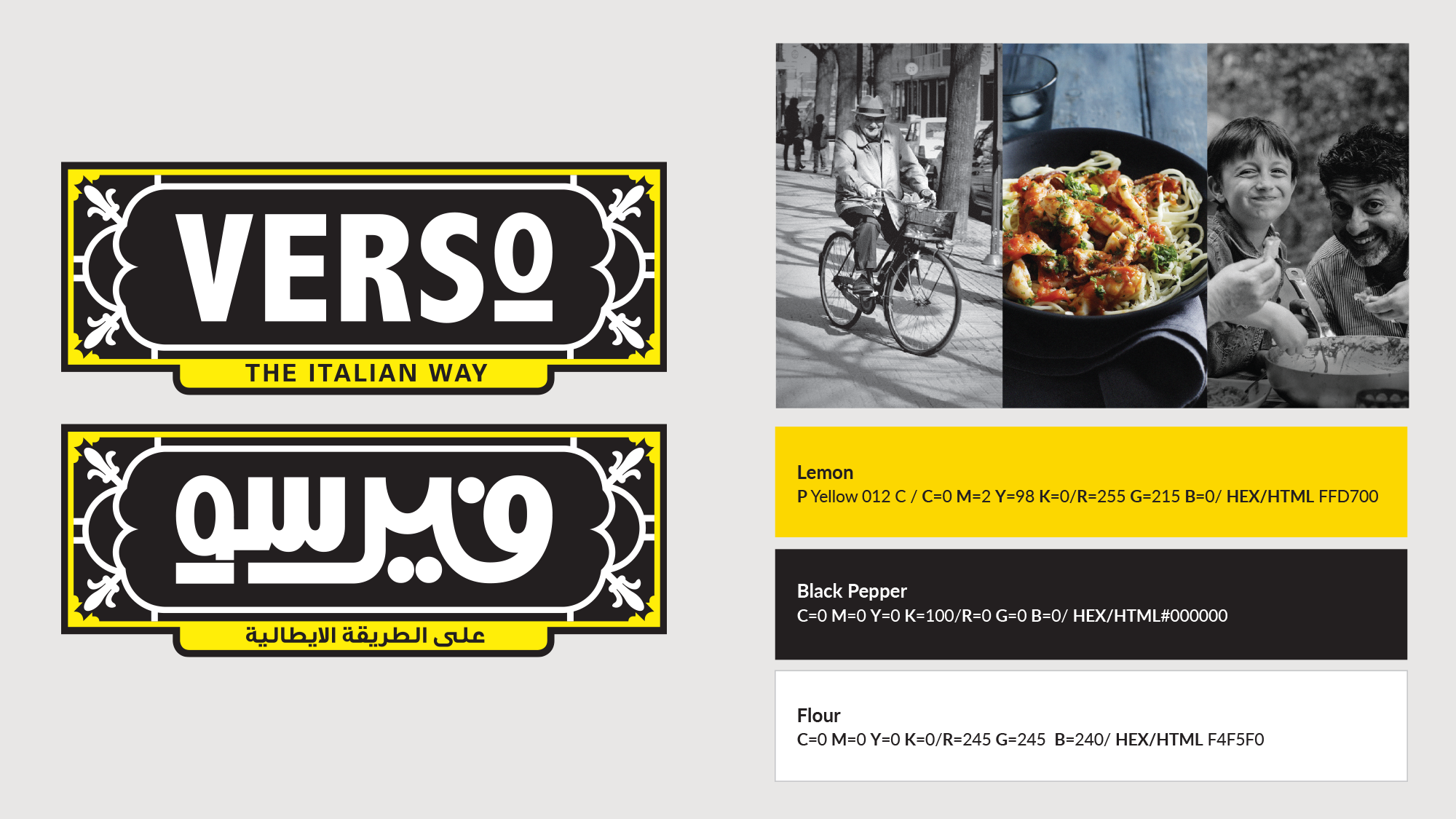 Verso restaurant English and Arabic logos with an Italian-inspired visual identity palette.