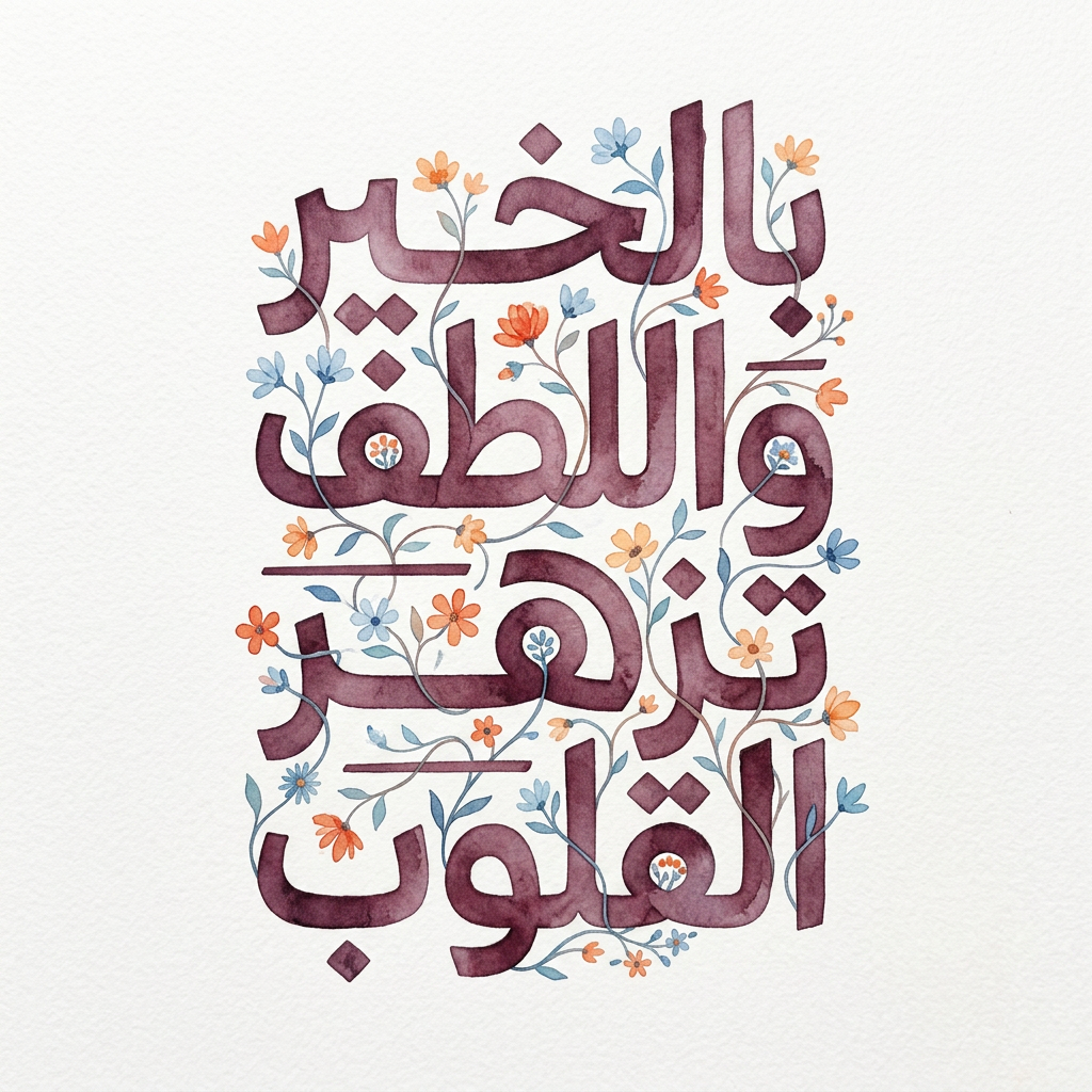 Floral Arabic artwork reading بالخير واللطف تزهر القلوب